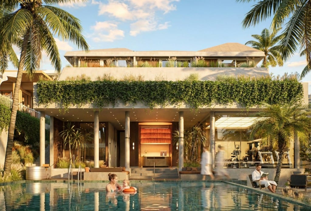 Sekar — tropical villa development with pool and reception at sunset