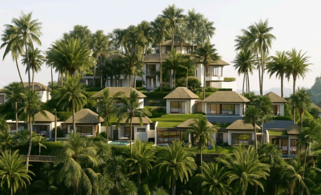 Silawana — hillside villa development with thatched roofs among palm trees